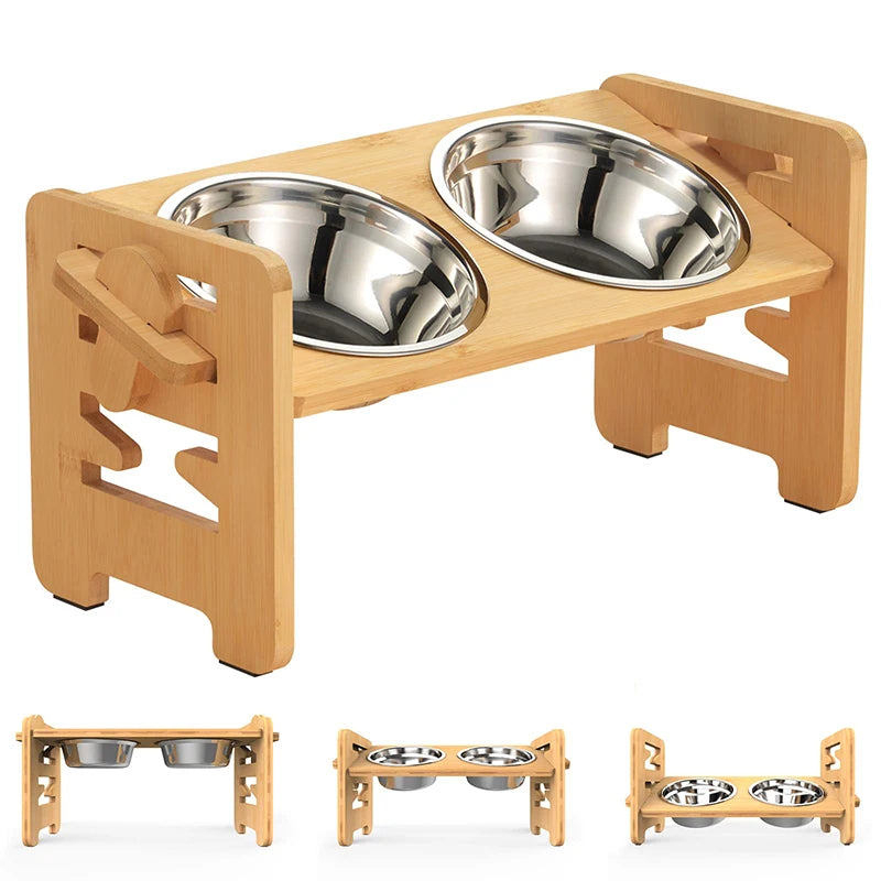 PawsBalance Adjustable Bamboo Feeder with Stainless Bowls