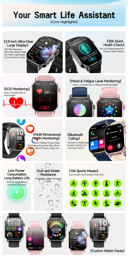 2026 Advanced ECG Smartwatch with Bluetooth Call – Uric Acid & Lipid Health Monitor, 2.01" Screen, Built-in Flashlight, Unisex Fitness Watch