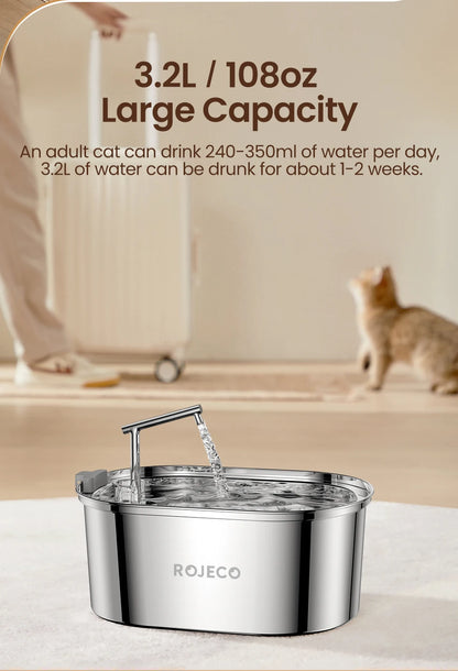 ROJECO Premium Stainless Steel Pet Water Fountain – Automatic Drinking Dispenser for Cats & Dogs