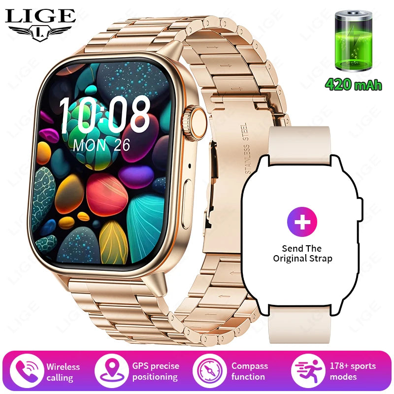 LIGE 2026 Unisex GPS Smart Watch – 2.01" HD Touchscreen, Bluetooth Calling, Fitness & Heart Rate Tracker, IP68 Waterproof for Android/iOS