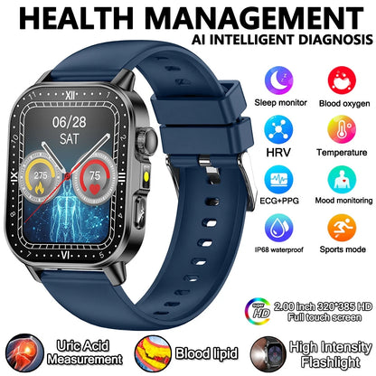 2026 Advanced ECG Smartwatch with Bluetooth Call – Uric Acid & Lipid Health Monitor, 2.01" Screen, Built-in Flashlight, Unisex Fitness Watch