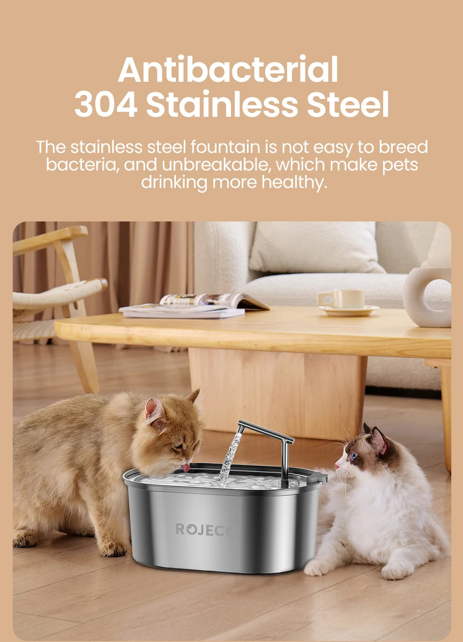 ROJECO Premium Stainless Steel Pet Water Fountain – Automatic Drinking Dispenser for Cats & Dogs