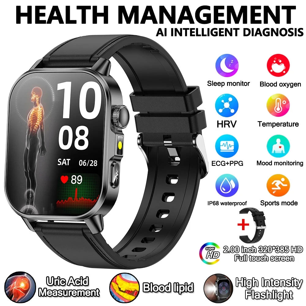 2026 Advanced ECG Smartwatch with Bluetooth Call – Uric Acid & Lipid Health Monitor, 2.01" Screen, Built-in Flashlight, Unisex Fitness Watch
