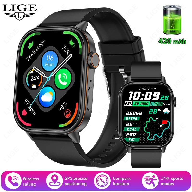 LIGE 2026 Unisex GPS Smart Watch – 2.01" HD Touchscreen, Bluetooth Calling, Fitness & Heart Rate Tracker, IP68 Waterproof for Android/iOS