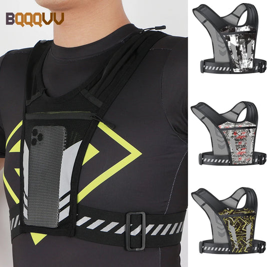 Reflective vest for running, walking, exercising, general training, for men and women, 01 piece with adjustable strap and pocket for keys, cell phone and compartment for water bottle.