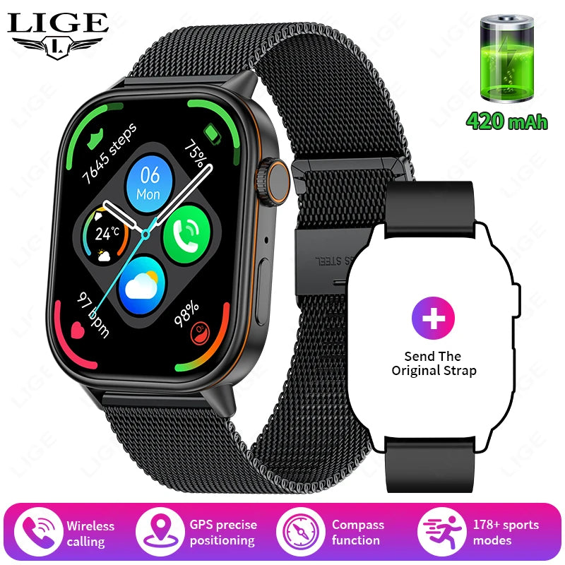 LIGE 2026 Unisex GPS Smart Watch – 2.01" HD Touchscreen, Bluetooth Calling, Fitness & Heart Rate Tracker, IP68 Waterproof for Android/iOS