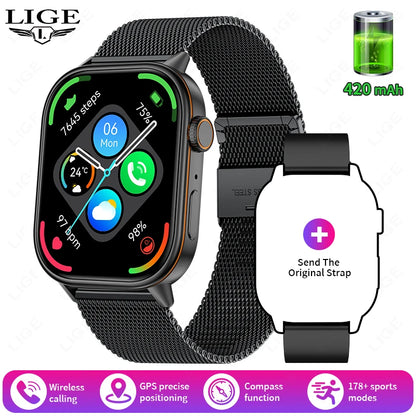 LIGE 2026 Unisex GPS Smart Watch – 2.01" HD Touchscreen, Bluetooth Calling, Fitness & Heart Rate Tracker, IP68 Waterproof for Android/iOS