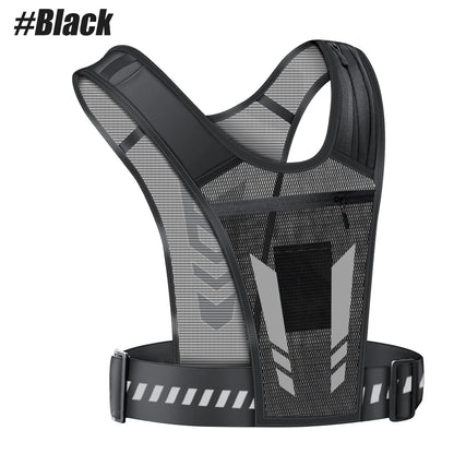 Reflective vest for running, walking, exercising, general training, for men and women, 01 piece with adjustable strap and pocket for keys, cell phone and compartment for water bottle.