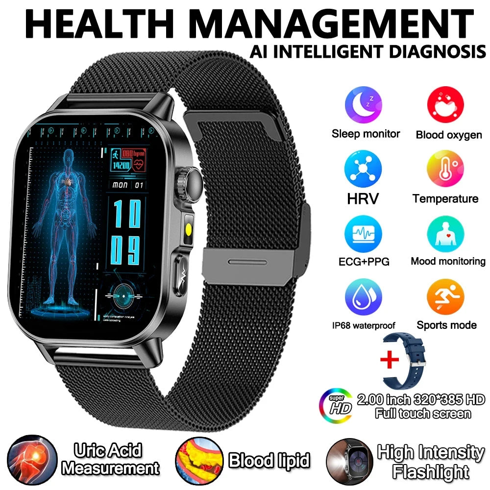 2026 Advanced ECG Smartwatch with Bluetooth Call – Uric Acid & Lipid Health Monitor, 2.01" Screen, Built-in Flashlight, Unisex Fitness Watch