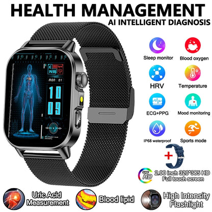 2026 Advanced ECG Smartwatch with Bluetooth Call – Uric Acid & Lipid Health Monitor, 2.01" Screen, Built-in Flashlight, Unisex Fitness Watch