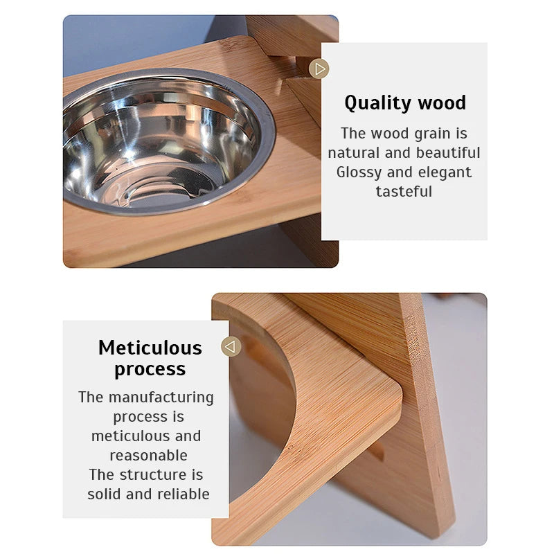 PawsBalance Adjustable Bamboo Feeder with Stainless Bowls