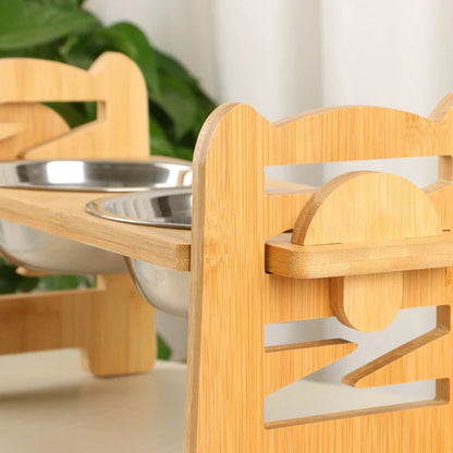 PawsBalance Adjustable Bamboo Feeder with Stainless Bowls