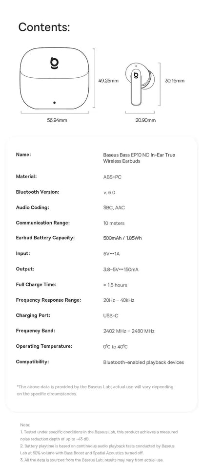 Baseus EP10 Bass Earbuds with Active Noise Cancelling (-43dB) – Bluetooth 6.0 TWS, 4-Mic ENC, Deep Bass & Crystal-Clear Audio