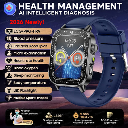 2026 Pro Health Smart Watch – ECG, PPG & Blood Pressure Monitor, Body Analysis, Lipid & Uric Acid Tracker, Unisex Fitness Smartwatch