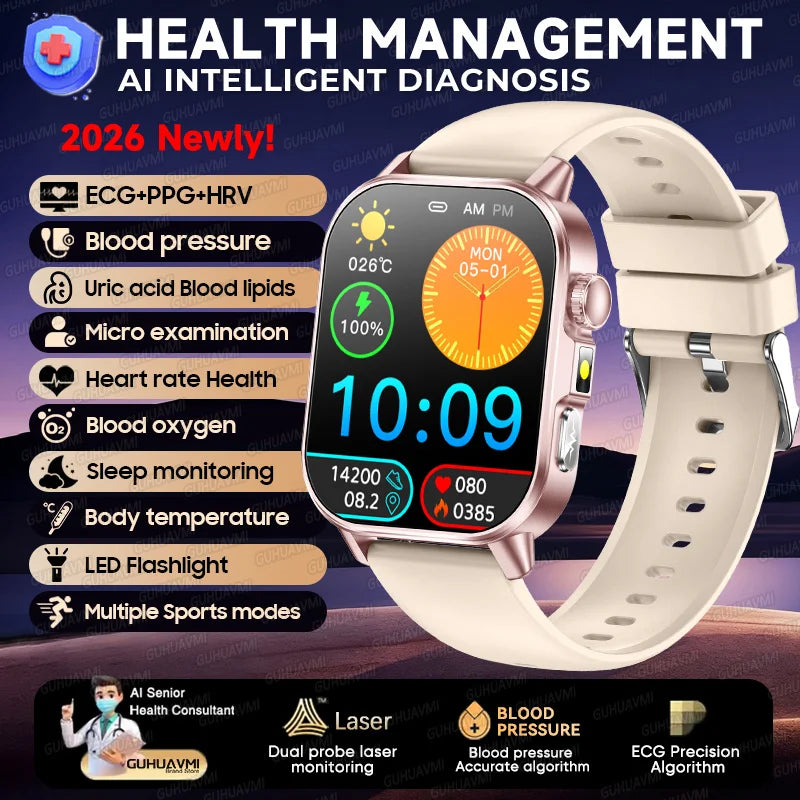 2026 Pro Health Smart Watch – ECG, PPG & Blood Pressure Monitor, Body Analysis, Lipid & Uric Acid Tracker, Unisex Fitness Smartwatch