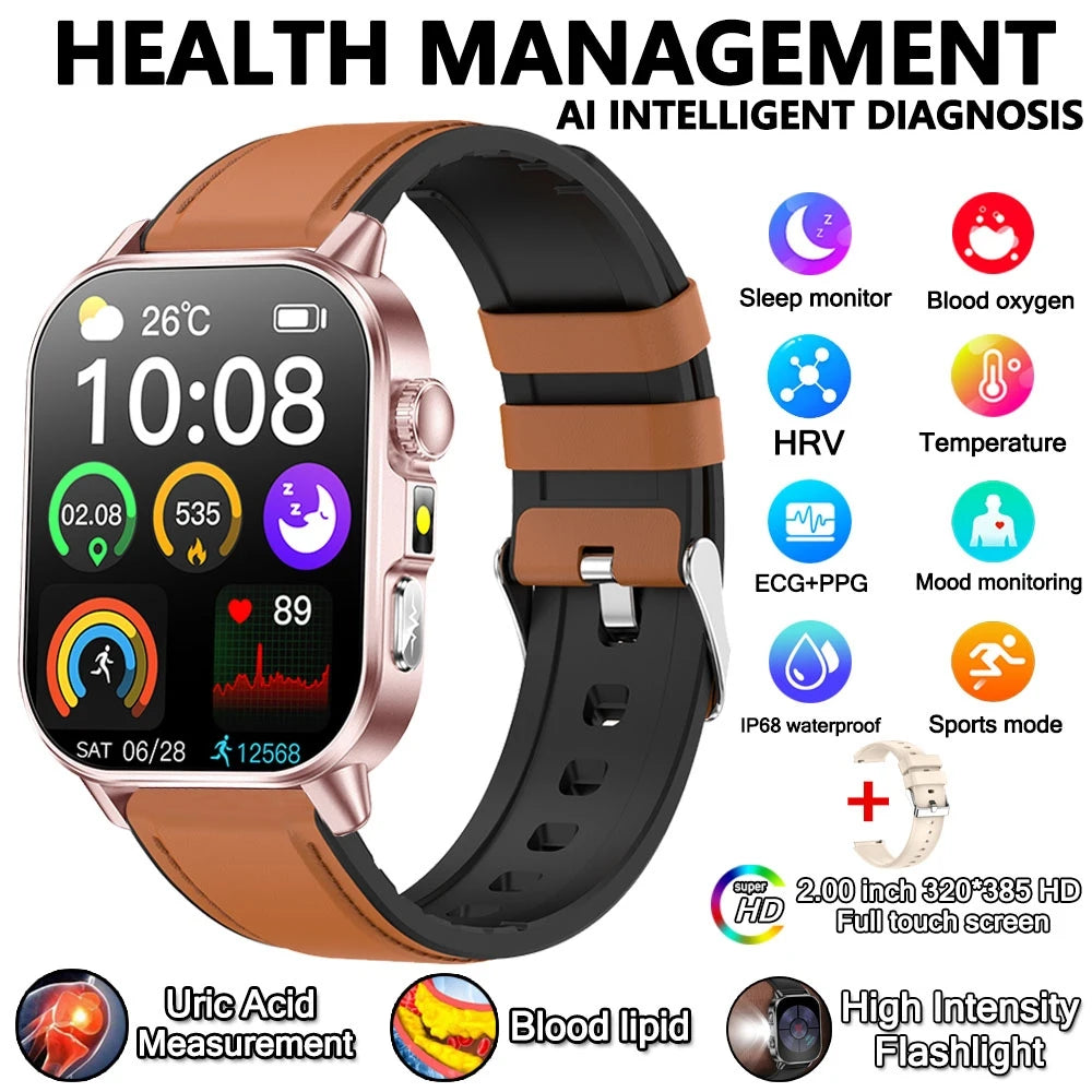 2026 Advanced ECG Smartwatch with Bluetooth Call – Uric Acid & Lipid Health Monitor, 2.01" Screen, Built-in Flashlight, Unisex Fitness Watch