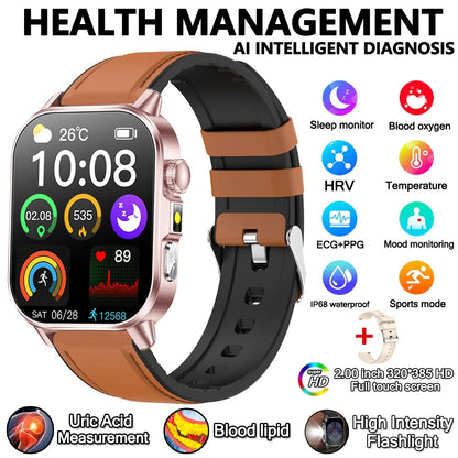 2026 Advanced ECG Smartwatch with Bluetooth Call – Uric Acid & Lipid Health Monitor, 2.01" Screen, Built-in Flashlight, Unisex Fitness Watch