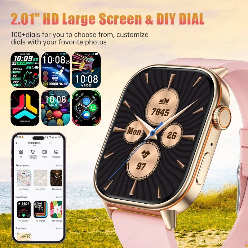 LIGE 2026 Unisex GPS Smart Watch – 2.01" HD Touchscreen, Bluetooth Calling, Fitness & Heart Rate Tracker, IP68 Waterproof for Android/iOS