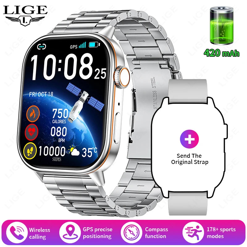 LIGE 2026 Unisex GPS Smart Watch – 2.01" HD Touchscreen, Bluetooth Calling, Fitness & Heart Rate Tracker, IP68 Waterproof for Android/iOS