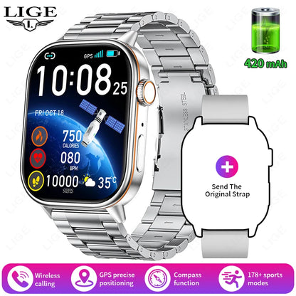 LIGE 2026 Unisex GPS Smart Watch – 2.01" HD Touchscreen, Bluetooth Calling, Fitness & Heart Rate Tracker, IP68 Waterproof for Android/iOS