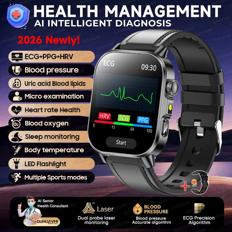 2026 Pro Health Smart Watch – ECG, PPG & Blood Pressure Monitor, Body Analysis, Lipid & Uric Acid Tracker, Unisex Fitness Smartwatch