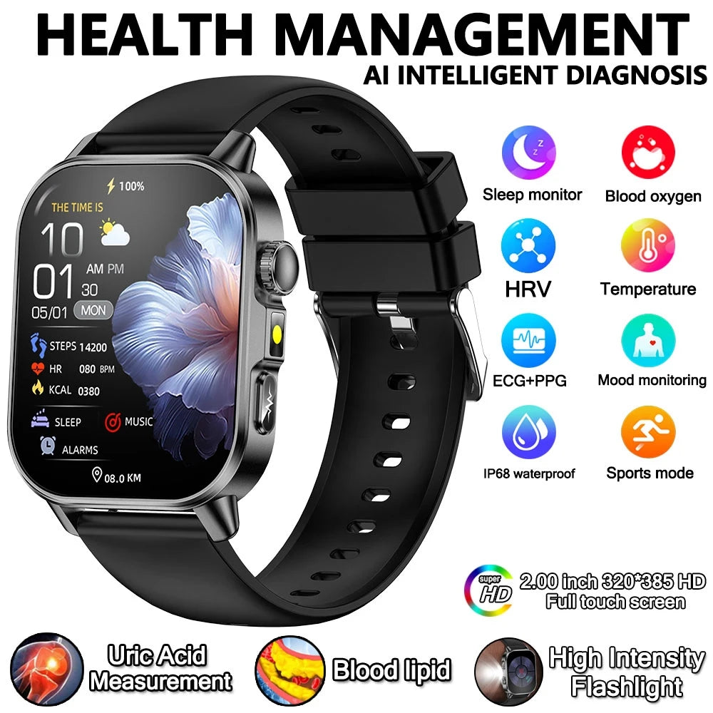 2026 Advanced ECG Smartwatch with Bluetooth Call – Uric Acid & Lipid Health Monitor, 2.01" Screen, Built-in Flashlight, Unisex Fitness Watch
