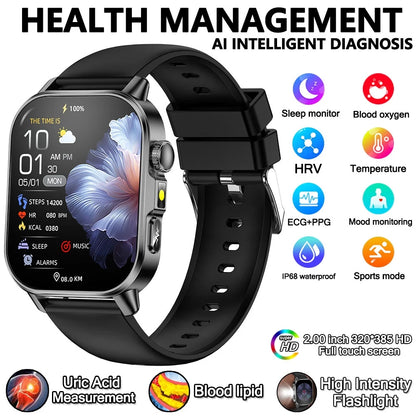 2026 Advanced ECG Smartwatch with Bluetooth Call – Uric Acid & Lipid Health Monitor, 2.01" Screen, Built-in Flashlight, Unisex Fitness Watch