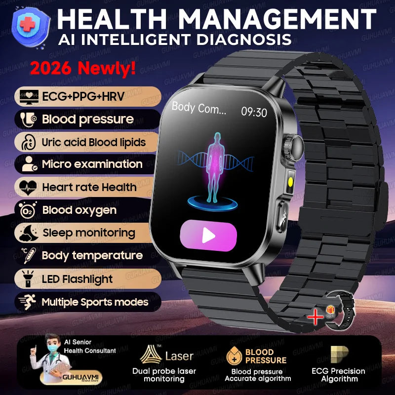 2026 Pro Health Smart Watch – ECG, PPG & Blood Pressure Monitor, Body Analysis, Lipid & Uric Acid Tracker, Unisex Fitness Smartwatch
