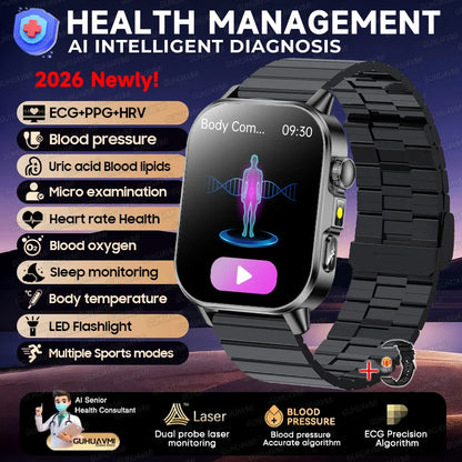 2026 Pro Health Smart Watch – ECG, PPG & Blood Pressure Monitor, Body Analysis, Lipid & Uric Acid Tracker, Unisex Fitness Smartwatch