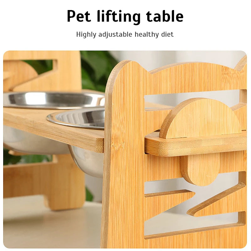 PawsBalance Adjustable Bamboo Feeder with Stainless Bowls