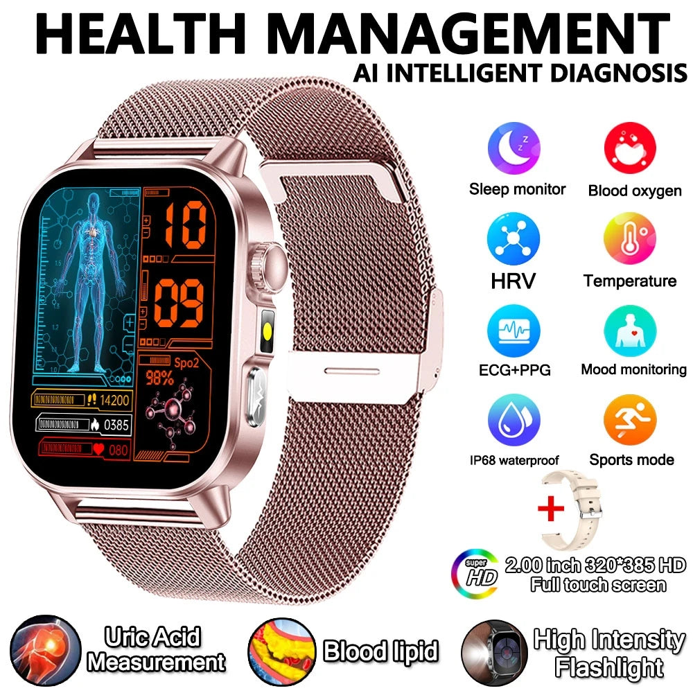 2026 Advanced ECG Smartwatch with Bluetooth Call – Uric Acid & Lipid Health Monitor, 2.01" Screen, Built-in Flashlight, Unisex Fitness Watch