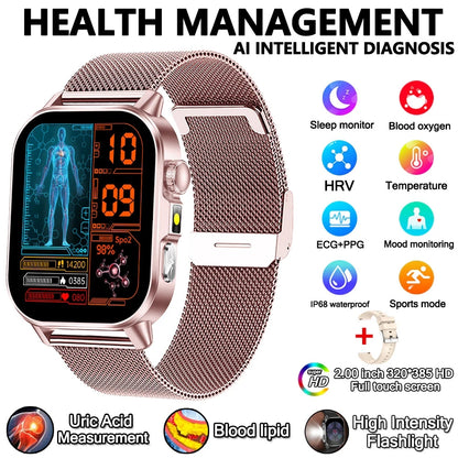 2026 Advanced ECG Smartwatch with Bluetooth Call – Uric Acid & Lipid Health Monitor, 2.01" Screen, Built-in Flashlight, Unisex Fitness Watch